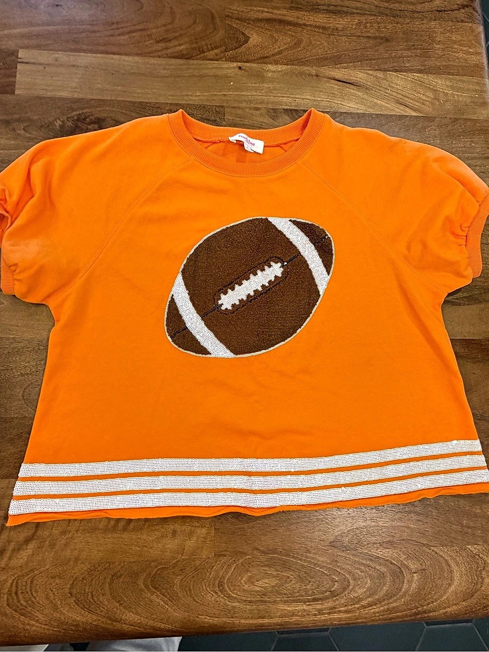 Peach Love Bright Orange Short Sleeve Sweatshirt w/ Football Appliqué Size Large